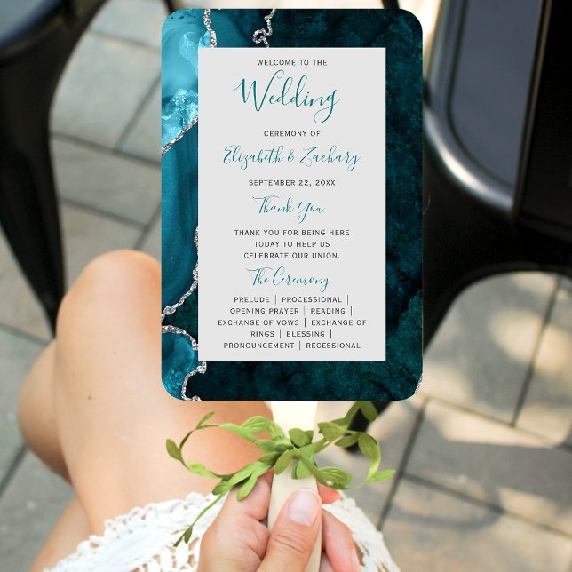 Leque Programa de Casamento Cinza Ágata Prata Verde (Criador carregado)