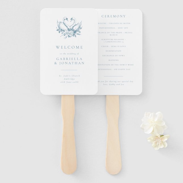 Leque Programa de Casamento Cisnes Azuis Românticos Vint (Frente e Verso)
