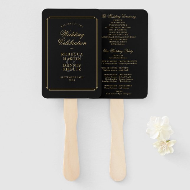 Leque Programa de Casamento Clássico Art Déco Preto e Do (Frente e Verso)