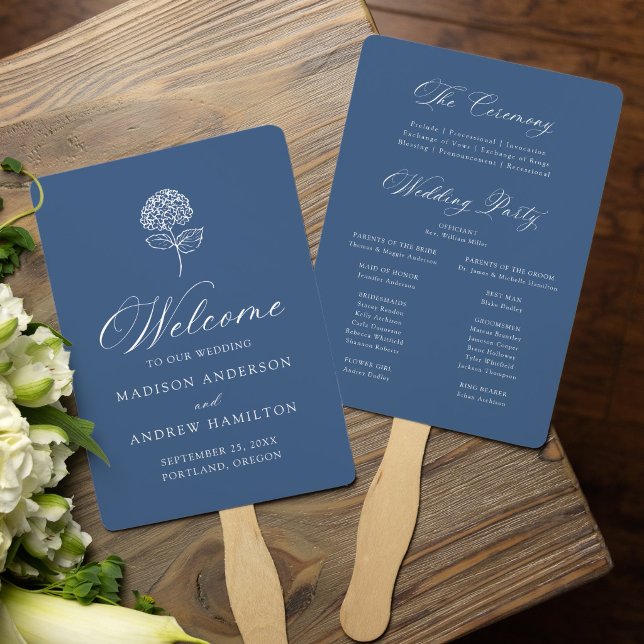 Leque Programa de Casamento Clássico com Hortênsias Navy (Criador carregado)