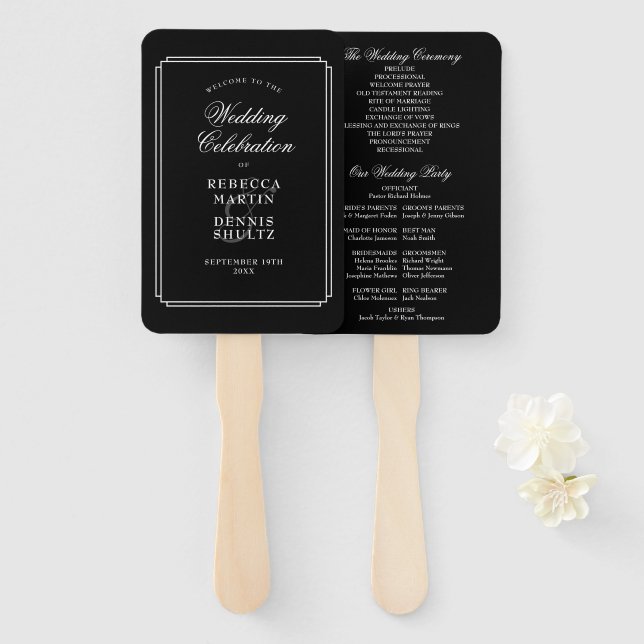 Leque Programa de Casamento Clássico Preto e Branco Art  (Frente e Verso)