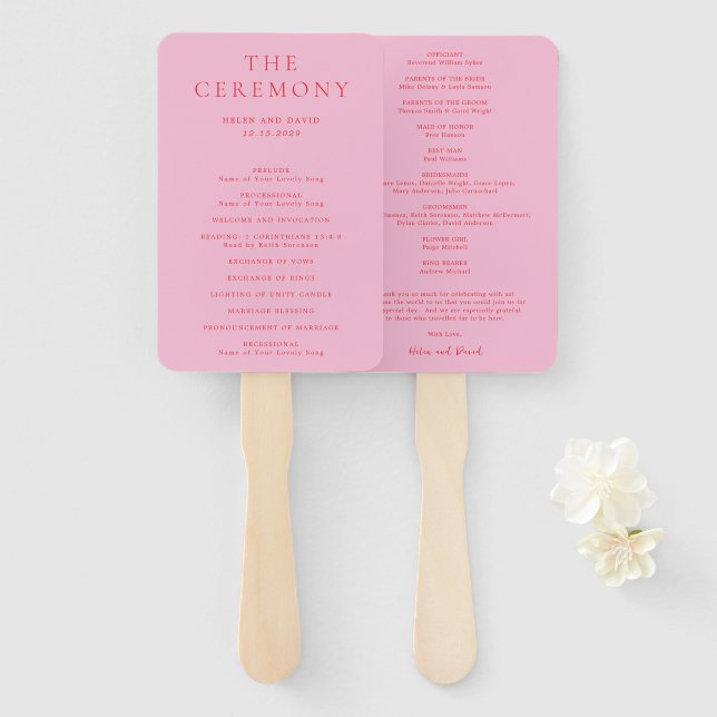 Leque Programa de Casamento Clássico Rosa e Vermelho Ele (Frente e Verso)
