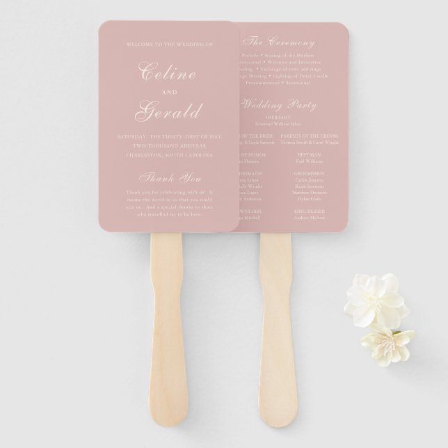 Leque Programa de Casamento Clássico Rosa Elegante (Frente e Verso)