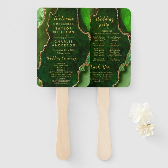 Leque Programa de Casamento com Ágata Verde e Dourada (Frente e Verso)