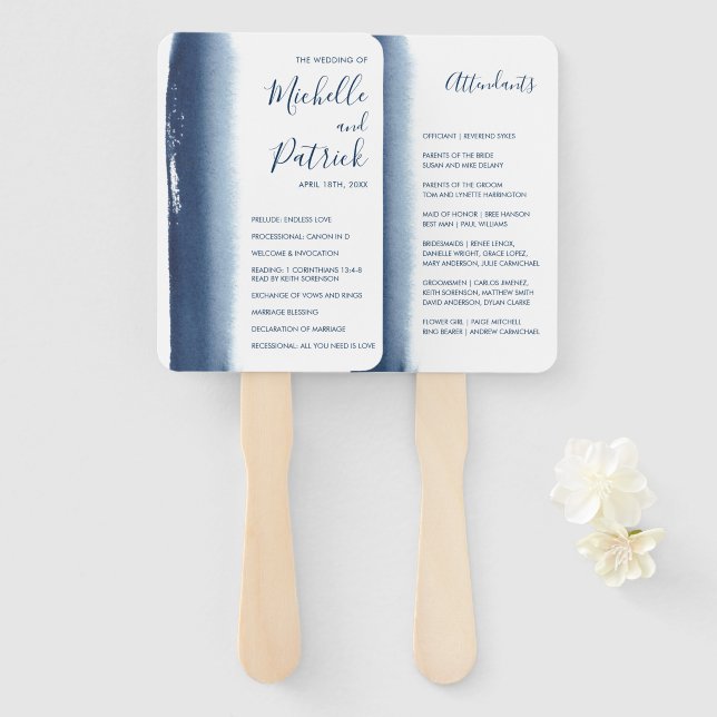 Leque Programa de Casamento com Aquarela Azul Marinho Cr (Frente e Verso)