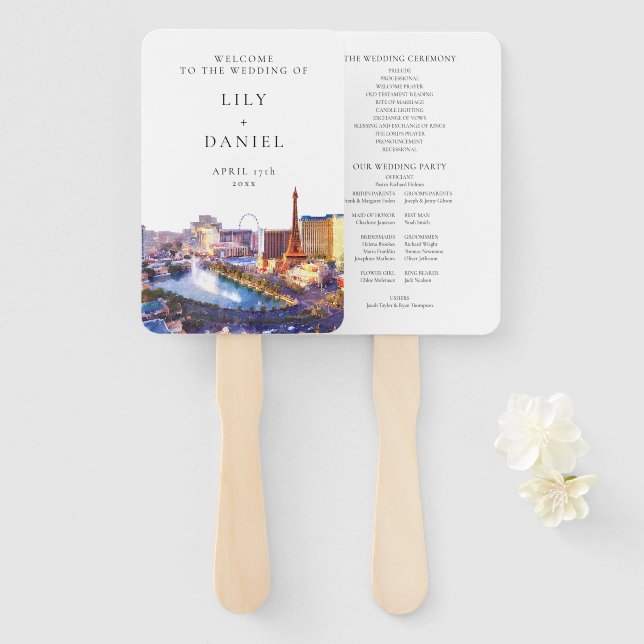 Leque Programa de Casamento com Aquarela da Silhueta de  (Frente e Verso)