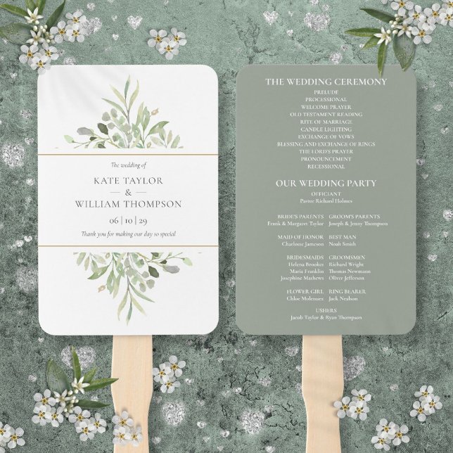 Leque Programa de Casamento com Aquarela Elegante de Fol (Elegant Watercolor Greenery Wedding Program Hand Fan
)