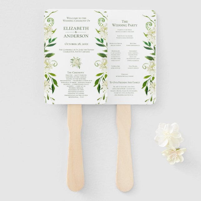 Leque Programa de Casamento com Aquarela Floral de Hortê (Frente e Verso)