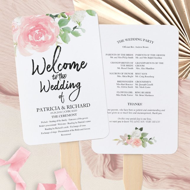 Leque Programa de Casamento com Aquarela Floral de Rosas (Criador carregado)
