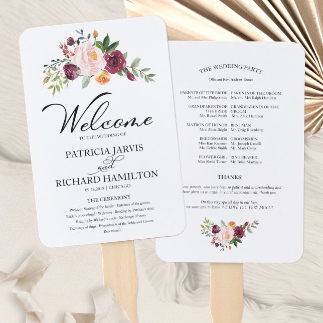 Leque Programa de Casamento com Aquarela Floral Rosa Bur (Criador carregado)