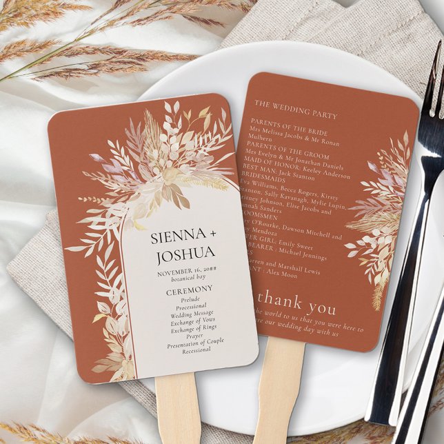 Leque Programa de Casamento com Arco Botânico Elegante e (Hand fans with the order of the day, additional information and special thanks)
