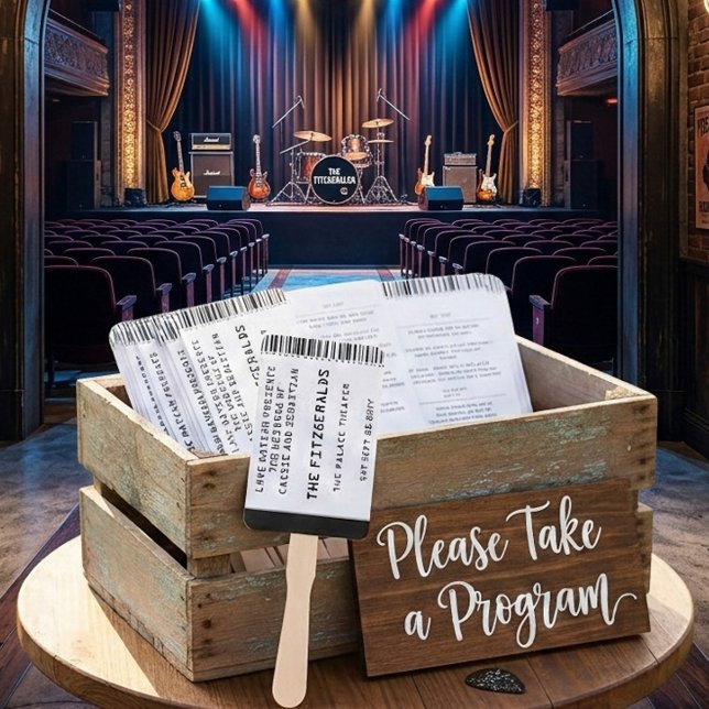 Leque Programa de Casamento com Bilhete de Concerto de R (Concert Ticket Wedding program fans for your music themed wedding)