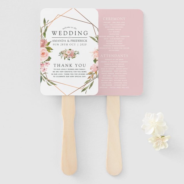 Leque Programa de Casamento com Blush Geométrico e Doura (Frente e Verso)
