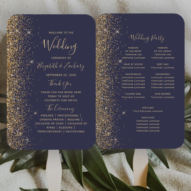 Leque Programa de Casamento com Borda de Brilho Dourado  (Criador carregado)