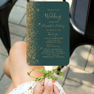 Leque Programa de Casamento com Borda de Brilho Dourado 