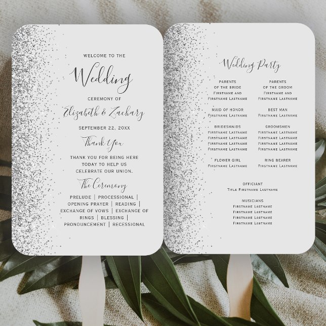 Leque Programa de Casamento com Borda de Brilho Prateado (Criador carregado)