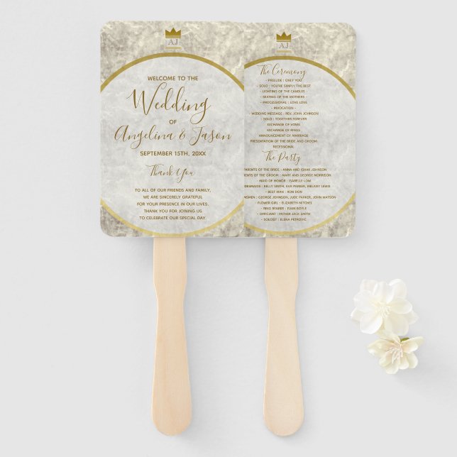 Leque Programa de Casamento com Caligrafia Dourada (Frente e Verso)
