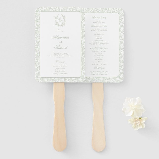 Leque Programa de Casamento com Crista de Monograma em T (Frente e Verso)
