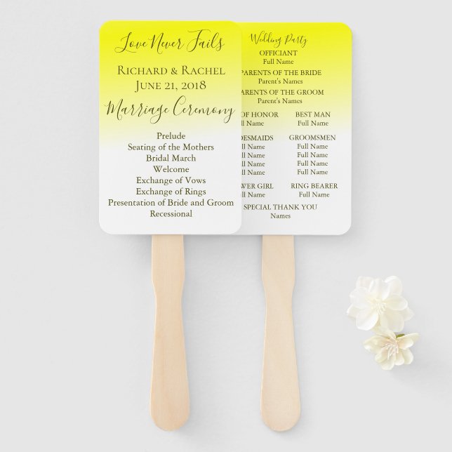 Leque Programa de Casamento com Efeito Ombre Amarelo e B (Frente e Verso)