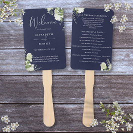 Leque Programa de Casamento com Flora e Folhagens Azul M