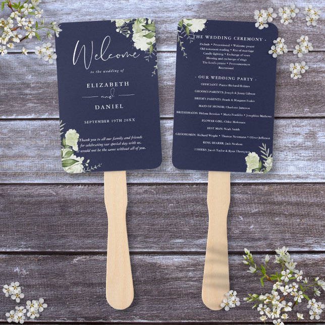 Leque Programa de Casamento com Flora e Folhagens Azul M (Navy Blue Floral Greenery Wedding Program Hand Fan)