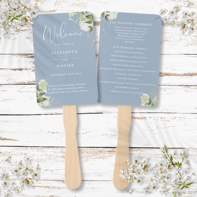 Leque Programa de Casamento com Flora e Folhagens em Azu (Dusty Blue Floral Greenery Wedding Program Hand Fan)
