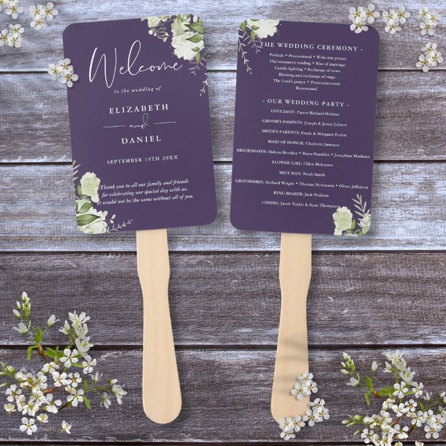 Leque Programa de Casamento com Flora Verde e Floral Rox (Purple Floral Greenery Wedding Program Hand Fan)