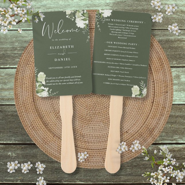 Leque Programa de Casamento com Flora Verde Oliva (Olive Green Floral Greenery Wedding Program Hand Fan)