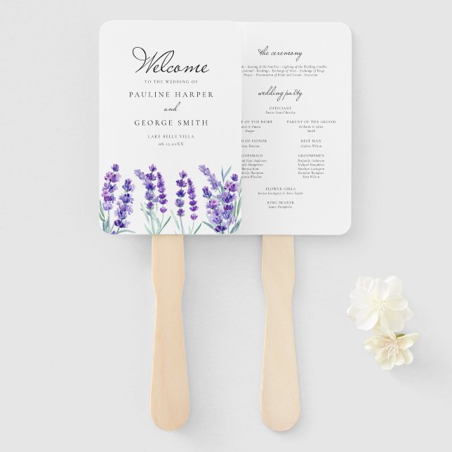 Leque Programa de Casamento com Flores de Lavanda em Aqu (Frente e Verso)