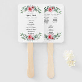 Leque Programa de Casamento com Folhagem e Rosa Rosa