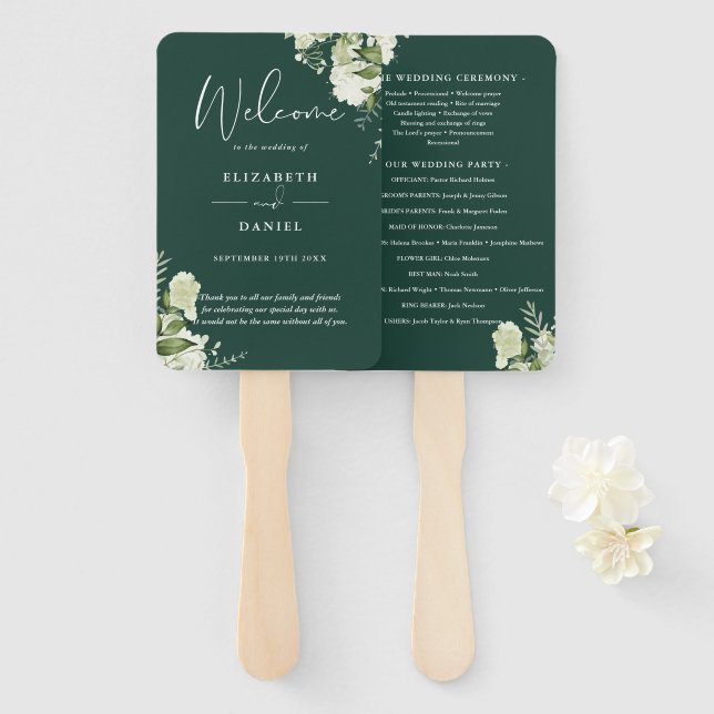 Leque Programa de Casamento com Folhagem Floral Verde Es (Frente e Verso)