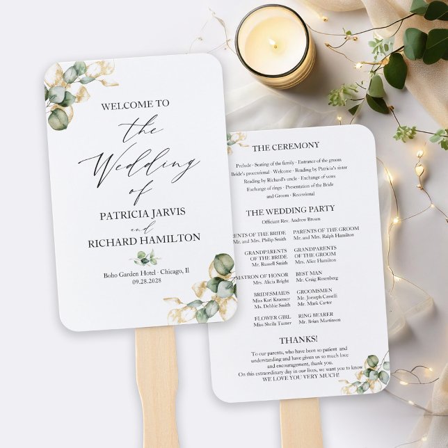 Leque Programa de Casamento com Folhagens Douradas Elega (Criador carregado)