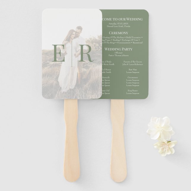 Leque Programa de Casamento com Foto em Monograma Verde  (Frente e Verso)