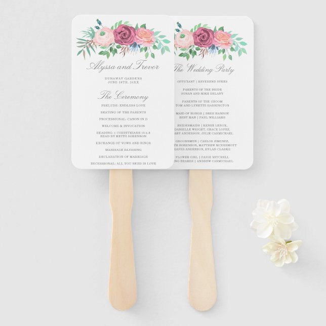 Leque Programa de Casamento com Grinalda Floral Rosa Rom (Frente e Verso)