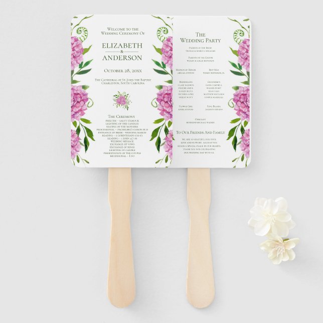 Leque Programa de Casamento com Hortênsia Rosa (Frente e Verso)