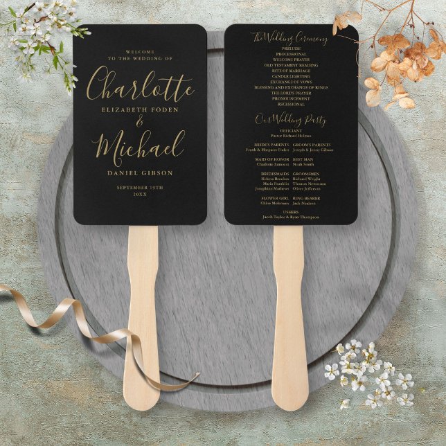 Leque Programa de Casamento com Letra de Assinatura Pret (Black And Gold Signature Script Wedding Program Hand Fan)