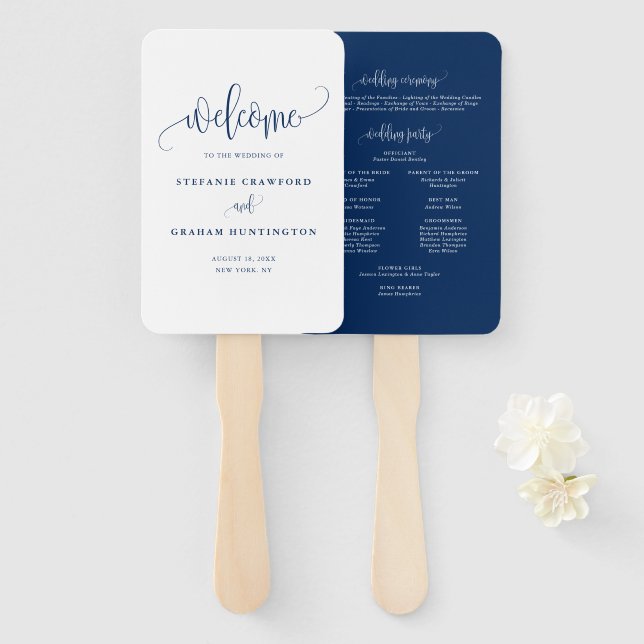 Leque Programa de Casamento com Letra de Caligrafia Azul (Frente e Verso)