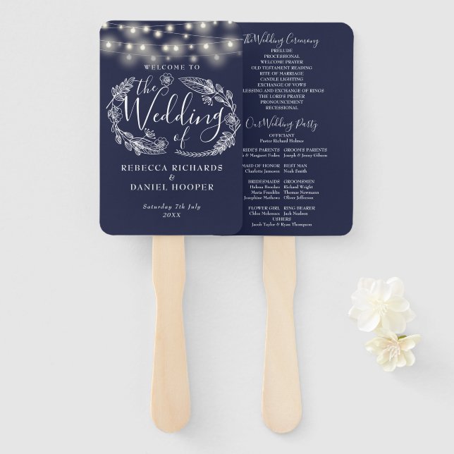 Leque Programa de Casamento com Luzes de Corda Azul Mari (Frente e Verso)