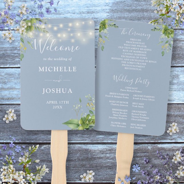 Leque Programa de Casamento com Luzes de Corda e Verdura (Greenery String Lights Dusty Blue Wedding Program Hand Fan)