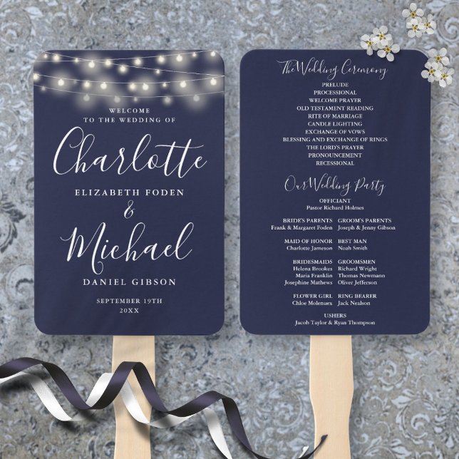 Leque Programa de Casamento com Luzes de Corda em Azul M (Navy Blue String Lights Script Wedding Program Hand Fan)