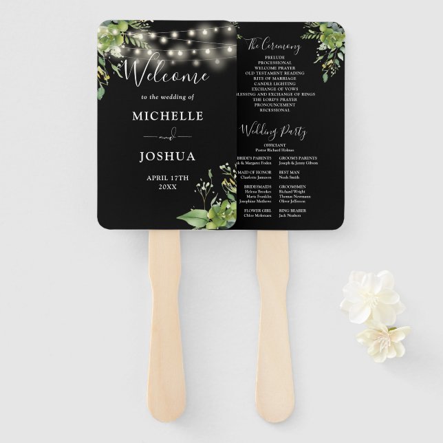 Leque Programa de casamento com luzes de corda floral ve (Frente e Verso)