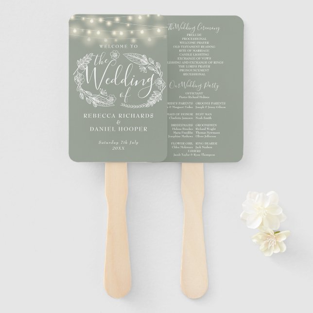Leque Programa de Casamento com Luzes de Corda Verde Sag (Frente e Verso)