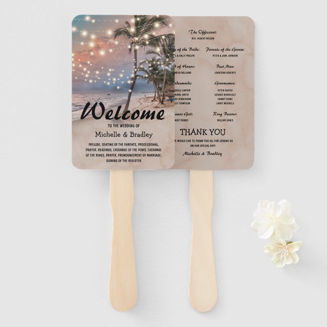 Leque Programa de Casamento com Luzes Tropicais de Praia (Frente e Verso)