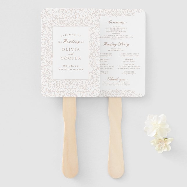 Leque Programa de Casamento com Moldura Ornata Marfim Vi (Frente e Verso)