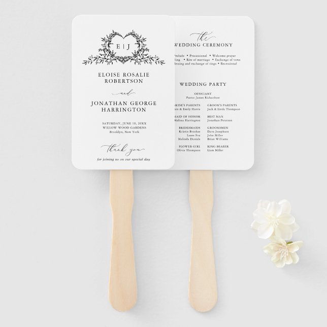 Leque Programa de Casamento com Monograma de Caligrafia  (Frente e Verso)