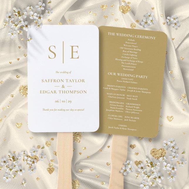 Leque Programa de Casamento com Monograma Dourado Modern (Elegant Modern Gold Monogram Wedding Program Hand Fan)