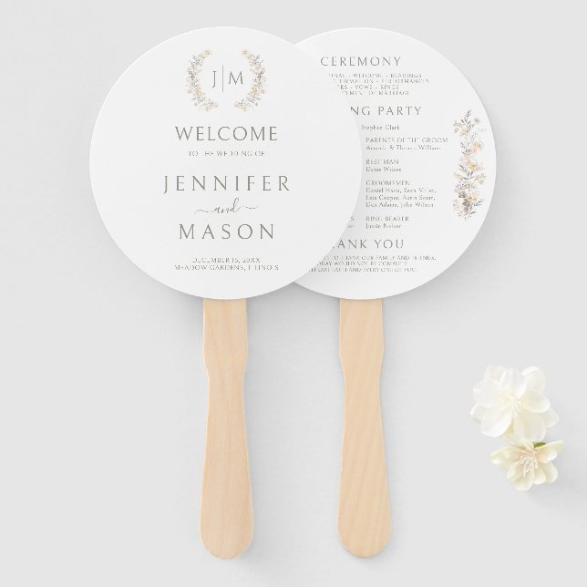 Leque Programa de Casamento com Monograma e Flores Neutr (Frente e Verso)