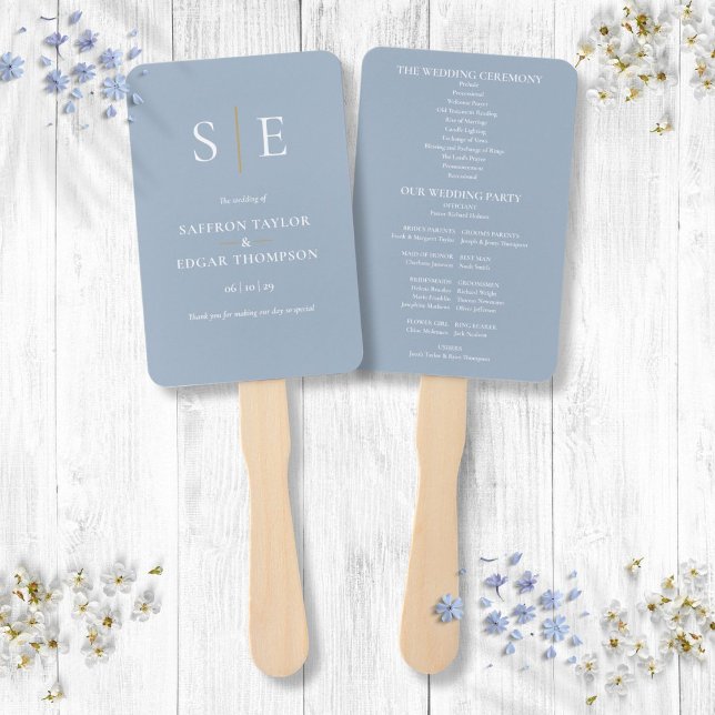 Leque Programa de Casamento com Monograma em Azul Desbot (Dusty Blue And Gold Monogram Wedding Program Hand Fan)