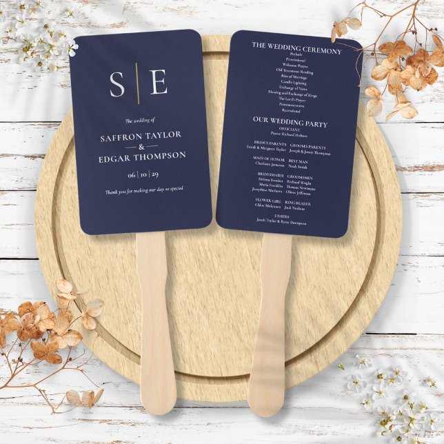 Leque Programa de Casamento com Monograma em Azul Marinh (Navy Blue And Gold Monogram Wedding Program Hand Fan)