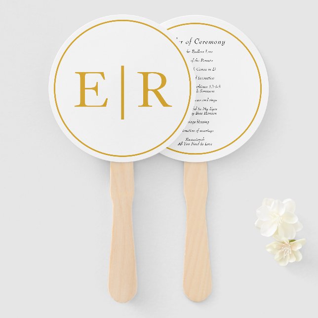 Leque Programa de Casamento com Monograma em Dourado Ele (Frente e Verso)